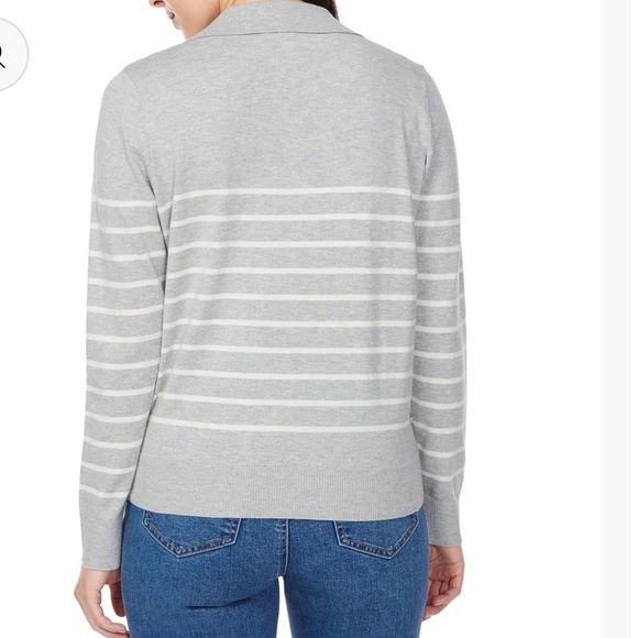 LOFT Light grey and White Striped V-Neck Sweater - Picture 3 of 6